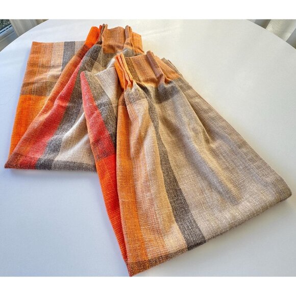 Vintage 70s curtains, orange ombre plaid pair of panels, pleated - Picture 8 of 8